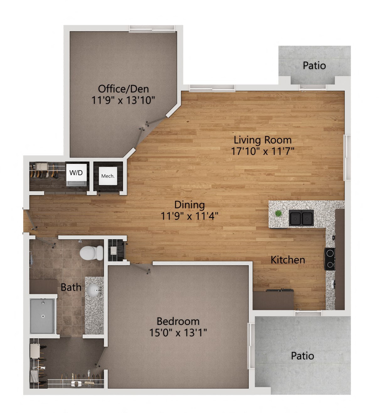 a floor plan of a one bedroom apartment with a living room and a dining room